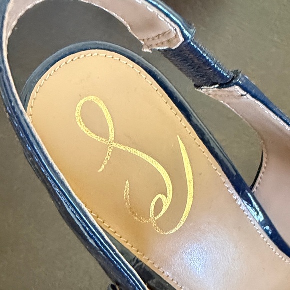 NWOT Sam Edelman Navy Patent Mary Jane Slingback Heels with Gold Buckle Accent - Picture 2 of 11